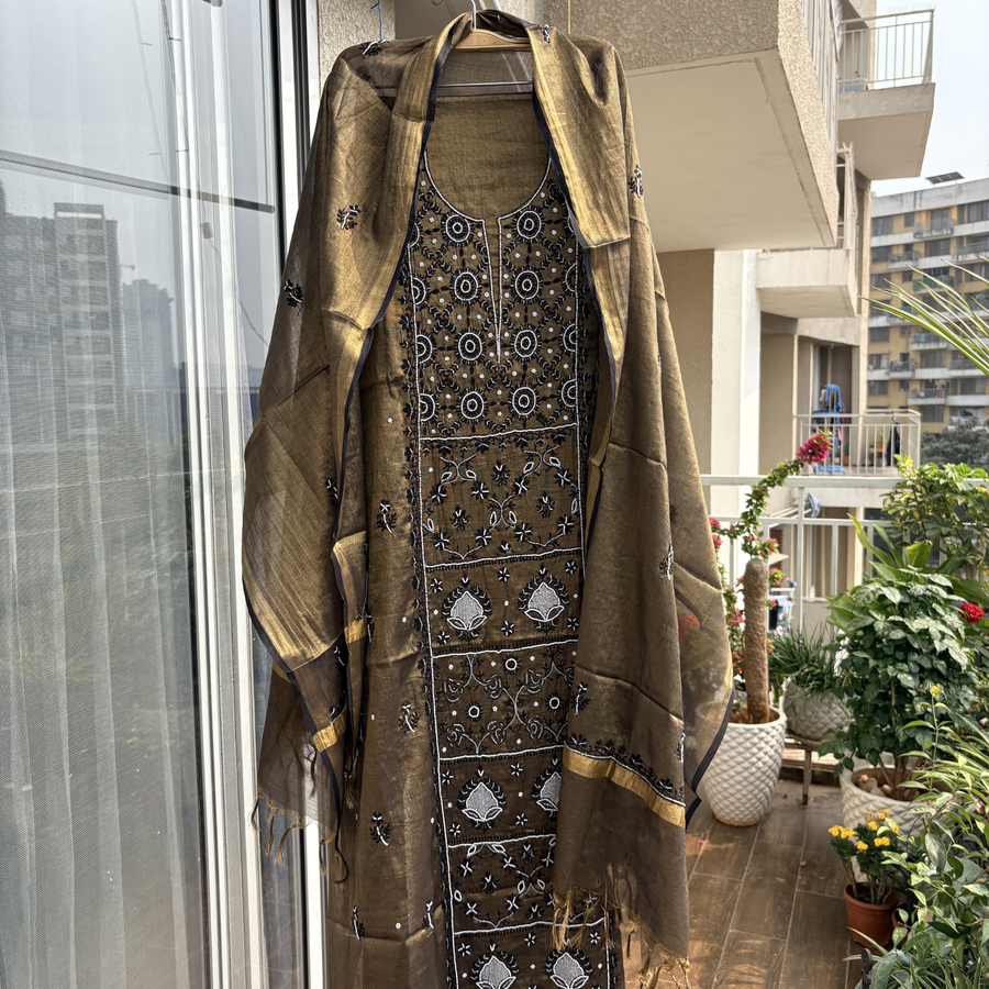 Golden Zari Tissue Hand-Embroidered 2-Piece Unstitched Suit Set