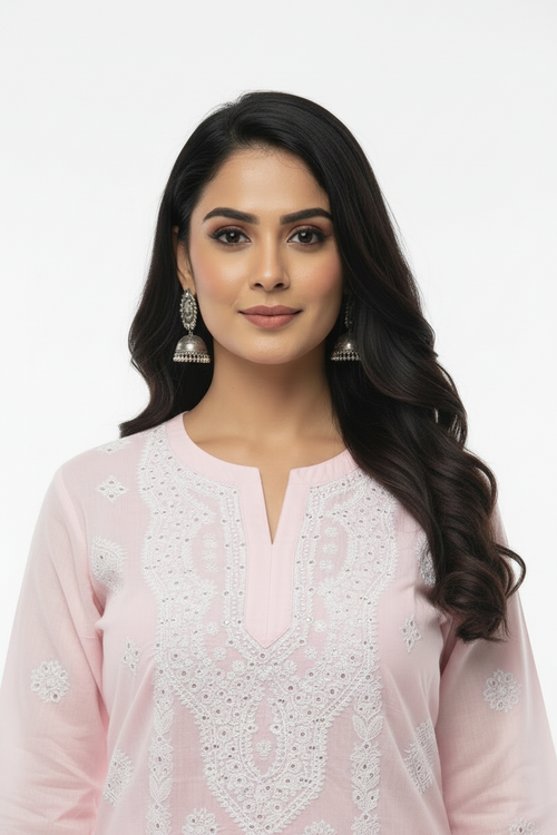 Cotton Hand-Embroidered Kurti with Mukeish Work