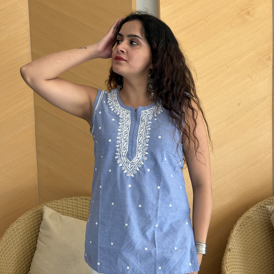 Denim Sleeveless Hand-Embroidered Short Kurti