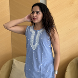 Denim Sleeveless Hand-Embroidered Short Kurti