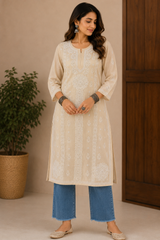 Cotton Hand-Embroidered Kurti with Mukeish Work