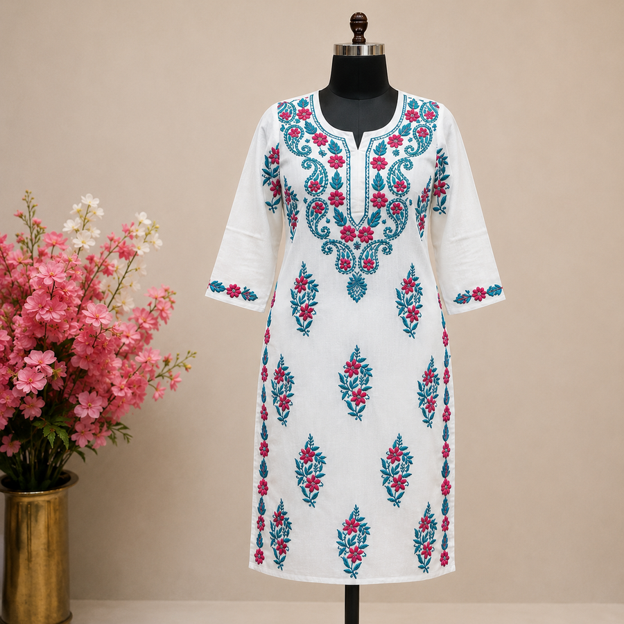 Women's Linen Floral Embroidered Cotton Kurtis