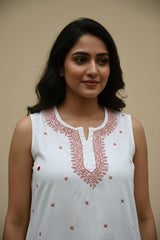 Denim Sleeveless Hand-Embroidered Short Kurti
