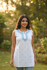 Denim Sleeveless Hand-Embroidered Short Kurti