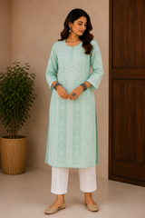 Cotton Hand-Embroidered Kurti with Mukeish Work